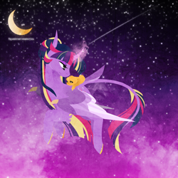 Size: 1440x1440 | Tagged: safe, artist:ryrxian, imported from derpibooru, twilight sparkle, oc, oc:iris, alicorn, pony, baby, crescent moon, curved horn, duo, female, flying, glowing, glowing horn, horn, looking back, mare, moon, mother and child, mother and daughter, night, offspring, parent:flash sentry, parent:twilight sparkle, parents:flashlight, riding, shooting star, stars, transparent moon, twilight sparkle (alicorn)