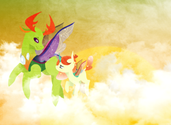 Size: 2865x2094 | Tagged: safe, artist:ryrxian, imported from derpibooru, thorax, oc, changedling, changeling, changepony, hybrid, antlers, changedling oc, changeling oc, duo, flying, interspecies offspring, king thorax, looking back, male, offspring, outdoors, parent:princess celestia, parent:thorax, parents:thoralestia, wings