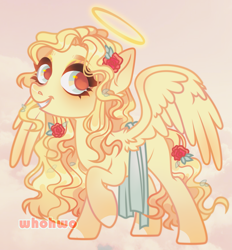 Size: 2101x2264 | Tagged: safe, artist:whohwo, imported from derpibooru, oc, oc only, pony, angel, base used, eyelashes, female, flower, flower in hair, grin, halo, mare, raised hoof, simple background, smiling, solo, wings