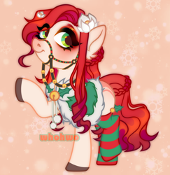 Size: 2284x2350 | Tagged: safe, artist:whohwo, imported from derpibooru, oc, oc only, earth pony, pony, base used, clothes, colored hooves, ear fluff, earth pony oc, eyelashes, female, flower, flower in hair, halter, makeup, mare, raised hoof, socks, solo, striped socks, tack