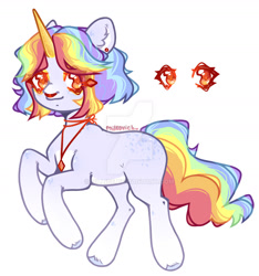 Size: 1600x1712 | Tagged: safe, artist:dillice, imported from derpibooru, oc, oc only, pony, unicorn, deviantart watermark, ear fluff, ear piercing, eyelashes, female, horn, jewelry, mare, multicolored hair, necklace, obtrusive watermark, piercing, rainbow hair, simple background, solo, unicorn oc, watermark, white background