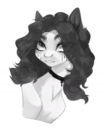 Size: 1280x1566 | Tagged: safe, artist:meggychocolatka, imported from derpibooru, oc, oc only, earth pony, pony, bust, choker, earth pony oc, eyelashes, grayscale, makeup, monochrome, running makeup, simple background, white background