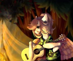 Size: 1280x1065 | Tagged: safe, artist:meggychocolatka, imported from derpibooru, oc, oc only, pegasus, pony, bust, camp, clothes, ear piercing, female, forest, guitar, hair over one eye, mare, musical instrument, outdoors, pegasus oc, piercing, solo, tent, tree, wings