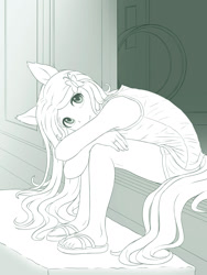 Size: 1350x1800 | Tagged: safe, artist:symbianl, imported from derpibooru, fluttershy, anthro, monochrome, sandals, smiling, solo