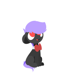 Size: 2000x2000 | Tagged: safe, artist:arche, imported from derpibooru, oc, oc only, oc:arche medley, earth pony, pony, bowtie, cute, earth pony oc, full body, gray coat, high res, lineless, no pupils, open mouth, open smile, purple mane, red eyes, simple background, sitting, smiling, solo, transparent background