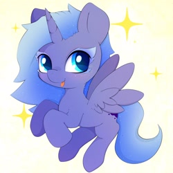 Size: 3000x3000 | Tagged: safe, artist:zokkili, imported from derpibooru, princess luna, alicorn, pony, :p, colored eyelashes, cute, ethereal mane, female, filly, flying, foal, full body, high res, hooves, horn, looking at you, lunabetes, simple background, solo, spread wings, tongue out, wings, woona, younger