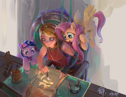 Size: 1988x1527 | Tagged: safe, artist:掷骰儿, imported from derpibooru, fluttershy, twilight sparkle, alicorn, human, pegasus, pony, calligraphy, chinese, female, flying, horn, looking at something, mare, open mouth, paintbrush, trio, trio female, twilight sparkle (alicorn), wings