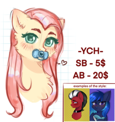 Size: 2027x2135 | Tagged: safe, artist:vaiola, imported from derpibooru, fluttershy, oc, oc:shatter misty cloud, pony, advertisement, auction, avatar, big eyes, blushing, bust, chest fluff, commission, cute, ear fluff, example, eyebrows, female, fluffy, icon, long mane, mare, pacifier, portrait, shy, simple background, sketch, solo, ych example, ych sketch, your character here