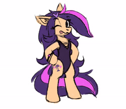 Size: 2900x2500 | Tagged: safe, artist:ami-gami, imported from derpibooru, oc, oc only, oc:amethyst arkin, earth pony, pony, bipedal, chest fluff, clothes, female, leotard, mare, one eye closed, solo, tongue out, wink