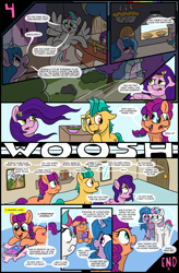 Size: 3000x4560 | Tagged: safe, artist:doodledonutart, imported from derpibooru, hitch trailblazer, izzy moonbow, pipp petals, sunny starscout, zipp storm, earth pony, pegasus, pony, unicorn, comic:sunny's gift, comic, female, food, g5, journal, male, mane five (g5), mare, maretime bay, notebook, pie, stallion