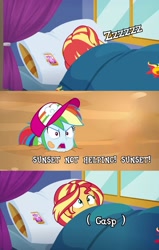 Size: 1379x2166 | Tagged: safe, edit, edited screencap, imported from derpibooru, screencap, rainbow dash, sunset shimmer, human, equestria girls, equestria girls series, spring breakdown, sunset's backstage pass!, spoiler:eqg series (season 2), bad dream, blanket, engrish, female, quicksand