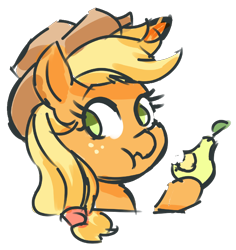 Size: 1614x1708 | Tagged: safe, artist:creamyogurt, imported from derpibooru, applejack, earth pony, pony, aside glance, bust, dishonorapple, eating, female, food, herbivore, looking at you, mare, no pupils, pear, simple background, solo, three quarter view, transparent background