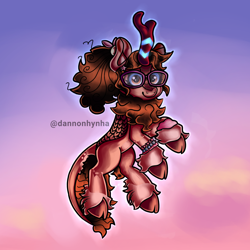 Size: 1378x1378 | Tagged: safe, artist:dannonhynha, imported from derpibooru, oc, kirin, curly hair, cute, drawing, fur, glasses, glowing, glowing horn, hooves, horn, kirin oc, levitation, looking at you, magic, magic aura, pastel, phone drawing, pink sky, ponysona, sky, smiling, soft, solo, sunset, telekinesis