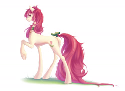 Size: 1942x1408 | Tagged: safe, artist:glissada, imported from derpibooru, roseluck, earth pony, pony, bow, butt, collar, commission, commissioner:doom9454, concave belly, cute, female, fluffy, hair physics, long legs, long tail, mare, pet tag, plot, pony pet, raised hoof, rosebutt, rosepet, simple background, slim, solo, tail, tail bow, thin, white background