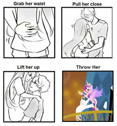 Size: 510x553 | Tagged: safe, editor:leonidus, imported from derpibooru, screencap, princess cadance, shining armor, alicorn, human, unicorn, season 3, the crystal empire, bipedal, comic, epic wife tossing, female, horn, horn crystals, husband and wife, instructions, magic suppression, male, meme, silly, text