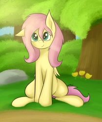 Size: 1642x1964 | Tagged: safe, artist:wapamario63, imported from derpibooru, fluttershy, pegasus, pony, cute, ears, female, flower, folded wings, looking at you, mare, one ear down, outdoors, shyabetes, sitting, smiling, solo, stray strand, tree, volumetric light, wings