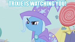 Size: 1280x720 | Tagged: safe, edit, edited screencap, imported from derpibooru, screencap, trixie, pony, unicorn, boast busters, season 1, brooch, cape, caption, clothes, female, hat, imgflip, jewelry, mare, narrowed eyes, outdoors, smiling, solo, text, trixie's brooch, trixie's cape, trixie's hat