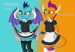 Size: 1280x890 | Tagged: safe, artist:neondragon, imported from derpibooru, princess ember, smolder, dragon, clothes, dragoness, dress, dress lift, duo, duo female, ember is not amused, female, maid, older, older smolder, simple background, stockings, thigh highs, unamused