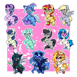 Size: 1500x1500 | Tagged: safe, artist:lou, imported from derpibooru, bon bon, daybreaker, derpy hooves, dj pon-3, lyra heartstrings, nightmare moon, octavia melody, queen chrysalis, starlight glimmer, sunset shimmer, sweetie drops, trixie, vinyl scratch, alicorn, changeling, changeling queen, earth pony, pegasus, pony, unicorn, equestria girls, adorabon, blushing, cape, chibi, clothes, crown, cute, cutealis, derpabetes, diabreaker, diatrixes, eyeshadow, female, glasses, glimmerbetes, hat, heartbreak, jewelry, lyrabetes, makeup, mare, moonabetes, passepartout, regalia, shimmerbetes, tavibetes, tongue out, trixie's cape, trixie's hat, vinylbetes