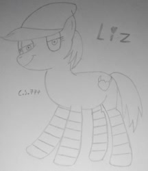 Size: 1483x1720 | Tagged: safe, artist:cardshark777, imported from derpibooru, oc, oc only, oc:liz (cardshark777), earth pony, pony, beanie, clothes, earth pony oc, female, hat, heart, lidded eyes, looking at you, mare, monochrome, signature, simple background, smiling, smiling at you, smug, socks, solo, striped socks, traditional art