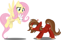 Size: 1280x837 | Tagged: safe, artist:tired-horse-studios, imported from derpibooru, fluttershy, oc, pegasus, pony, rabbit, animal, colored pupils, duo, duo female, female, flying, folded wings, freckles, hat, hoof hold, hooves, mare, nurse hat, open mouth, open smile, pegasus oc, shadow, show accurate, simple background, smiling, spread wings, standing, tail, transparent background, unshorn fetlocks, watermark, wings