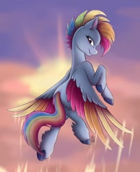 Size: 1440x1768 | Tagged: safe, artist:il_kitaro, imported from derpibooru, rainbow dash, pegasus, pony, art trade, cloud, colored wings, commission, drawing, female, flying, g4, g5 concept leaks, mare, multicolored wings, rainbow dash (g5 concept leak), sky, solo, unshorn fetlocks, wings