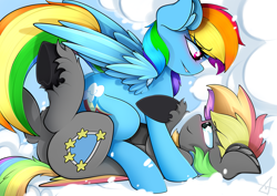 Size: 4093x2894 | Tagged: safe, artist:ahekao, imported from derpibooru, rainbow dash, oc, oc:dark rainbow, pegasus, pony, blushing, canon x oc, cloud, colored wings, commission, cuddling, cute, darsh, day, duo, eye contact, female, female on male, looking at each other, looking at someone, male, mare, multicolored wings, on a cloud, pegasus oc, rainbow wings, smiling, stallion, straight, wings, ych result