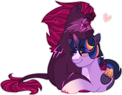 Size: 1547x1212 | Tagged: safe, artist:rickysocks, imported from derpibooru, tempest shadow, twilight sparkle, alicorn, pony, unicorn, alternate design, base used, broken horn, cuddling, duo, female, horn, leonine tail, lesbian, lying down, prone, scar, shipping, simple background, tail, tempestlight, transparent background, twilight sparkle (alicorn)