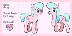 Size: 1920x986 | Tagged: safe, artist:alexdti, imported from derpibooru, oc, oc only, oc:jezzy, earth pony, pony, earth pony oc, female, full body, hooves, mare, open mouth, open smile, raised hoof, reference sheet, smiling, solo, standing, tail
