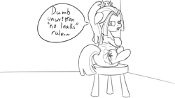 Size: 1920x1080 | Tagged: safe, artist:spritepony, imported from derpibooru, aria blaze, earth pony, pony, abdl, angry, corner, corner time, diaper, lineart, ponified, poofy diaper, pouting, punishment, sitting, sketch, solo, speech bubble, stool, talking, turned away