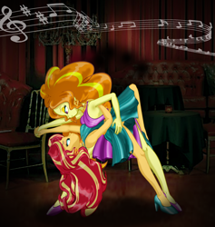 Size: 2196x2320 | Tagged: safe, artist:ponymaan, imported from derpibooru, adagio dazzle, sunset shimmer, human, equestria girls, backless, bare shoulders, clothes, dancing, dress, duo, female, high heels, lesbian, music notes, shipping, shoes, sleeveless, sunsagio, tango