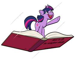 Size: 1911x1557 | Tagged: safe, artist:shadowblazearts, imported from derpibooru, twilight sparkle, pony, unicorn, book, book title humor, chest fluff, dork, female, flying, looking up, mare, open mouth, open smile, raised hoof, simple background, smiling, solo, speed lines, transparent background, unicorn twilight