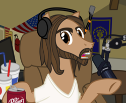 Size: 2850x2350 | Tagged: safe, artist:cheezedoodle96, imported from derpibooru, earth pony, pony, .svg available, alliance, american flag, asmongold, beard, chair, clothes, cup, dr. pepper, drink, drinking straw, facial hair, headphones, livestream, long hair, looking at you, male, messy mane, microphone, moustache, ponified, raised hoof, shirt, soda can, solo, stallion, svg, t-shirt, talking, twitch.tv, vector, warcraft, world of warcraft