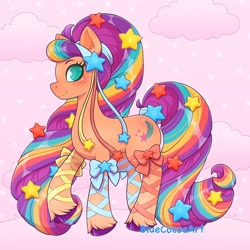 Size: 2048x2048 | Tagged: safe, artist:bluecocoaart, imported from derpibooru, sunny starscout, earth pony, pony, alternate hairstyle, cloud, female, g5, mare, raised hoof, smiling, solo, stars, unshorn fetlocks