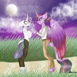 Size: 1280x1280 | Tagged: safe, artist:moodipone, imported from derpibooru, rarity, twilight sparkle, alicorn, anthro, alternate hairstyle, bedroom eyes, cloud, cloven hooves, curved horn, female, flustered, folded wings, grass, grin, horn, in love, leonine tail, lesbian, looking at each other, looking at someone, moon, night, outdoors, pocket, rarilight, shipping, smiling, stars, tail, twilight sparkle (alicorn), wide eyes, wings