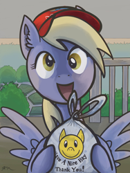 Size: 1536x2048 | Tagged: safe, artist:catscratchpaper, editor:edits of hate, editor:unofficial edits thread, imported from twibooru, derpy hooves, pegasus, pony, bag, cute, delivery, derp, derpabetes, doordash, ear fluff, female, food, hat, helpful, hoof hold, image, looking at you, mare, open smile, png, porch, pun, smiling, solo, spread wings, wings