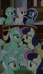 Size: 1280x2160 | Tagged: safe, edit, edited screencap, editor:jerryakiraclassics19, imported from twibooru, screencap, bon bon, lyra heartstrings, minuette, sweetie drops, twinkleshine, earth pony, pony, unicorn, a canterlot wedding, slice of life (episode), triple threat, '90s, background pony, female, image, mare, open mouth, png, smiling