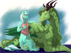 Size: 1280x959 | Tagged: safe, artist:vermilion, imported from twibooru, lyra heartstrings, oc, oc:rye, centaur, dragon, pony, unicorn, female, food, ice cream, image, mare, needs more jpeg, ponytaur, simple background, sitting, watermark