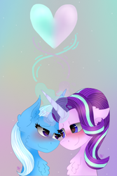 Size: 1000x1500 | Tagged: safe, artist:kathepart, imported from derpibooru, starlight glimmer, trixie, pony, unicorn, blushing, bust, chest fluff, duo, duo female, ear fluff, female, glowing, glowing horn, gradient background, heart, horn, lesbian, light, looking at each other, looking at someone, magic, magic aura, mare, shipping, smiling, smiling at each other, startrix