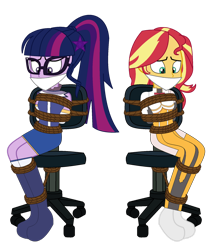 Size: 1024x1216 | Tagged: safe, artist:cartoonmasterv3, artist:radiantrealm, imported from derpibooru, sci-twi, sunset shimmer, twilight sparkle, equestria girls, arm behind back, bondage, bound and gagged, cloth gag, female, gag, help, help us, rope, rope bondage, sad, scared, simple background, tied to chair, tied up, transparent background, worried