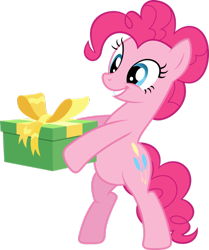 Size: 817x977 | Tagged: safe, imported from derpibooru, pinkie pie, earth pony, pony, a friend in deed, april fools, bipedal, present, ribbon, simple background, smiling, solo, standing on two hooves, transparent background