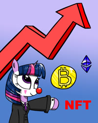 Size: 800x1000 | Tagged: safe, artist:twi clown, imported from derpibooru, oc, oc:twi clown, april fools, april fools 2022, bitcoin, clone, clothes, clown, clown nose, ethereum, meme, necktie, nft, red nose, stonks, suit