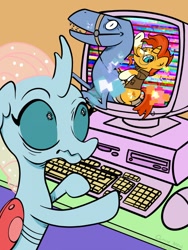 Size: 960x1280 | Tagged: safe, artist:amynewblue, imported from derpibooru, ocellus, sunburst, changedling, changeling, dinosaur, unicorn, computer, error, glitch, wat, wtf