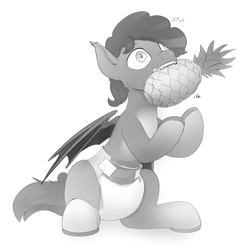 Size: 2496x2476 | Tagged: safe, artist:edrian, imported from derpibooru, oc, oc only, oc:sharp point, bat pony, bat pony oc, cute, diaper, diaper fetish, fetish, food, monochrome, mouth hold, non-baby in diaper, pineapple