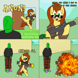 Size: 3500x3500 | Tagged: safe, artist:legendoflink, imported from derpibooru, oc, oc only, oc:anon, oc:postal mare, earth pony, human, pony, bipedal, clothes, dialogue, female, looking at you, male, mare, napalm, outdoors, pajamas, ponified, postal, postal 2, postal dude, rule 63, smiling, sunglasses, text, this ended in pain, weapon