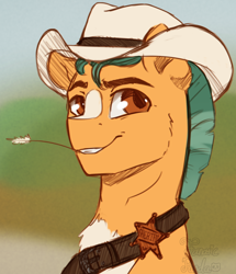 Size: 1240x1440 | Tagged: safe, artist:fanaticpanda, imported from derpibooru, hitch trailblazer, earth pony, pony, blurry background, bust, cowboy hat, g5, hat, male, sheriff, solo, stallion, straw in mouth