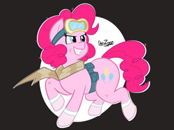 Size: 4098x3072 | Tagged: safe, artist:datzigga, imported from derpibooru, pinkie pie, earth pony, pony, belt, clothes, goggles, goggles on head, scarf, scratches, solo, utility belt