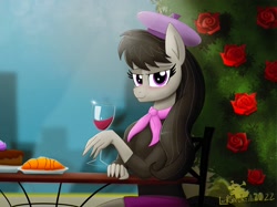 Size: 2732x2048 | Tagged: safe, artist:lordshrekzilla20, imported from derpibooru, octavia melody, anthro, earth pony, alcohol, beatnik, beret, blushing, bread, croissant, female, flower, food, glass, hat, high res, rose, solo, wine, wine glass