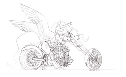 Size: 1700x1044 | Tagged: safe, artist:baron engel, imported from derpibooru, princess celestia, alicorn, pony, butt, chaps, clothes, female, grayscale, jacket, mare, monochrome, motorcycle, pencil drawing, plot, simple background, solo, tail, tail wrap, traditional art, white background, wings