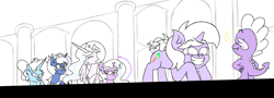 Size: 8460x3060 | Tagged: safe, artist:iceflower99, imported from derpibooru, princess celestia, princess luna, spike, twilight sparkle, oc, oc:buggy brush, oc:darky spell, demon, demon pony, original species, pony, daemonequus, fanfic, fanfic art, giggling, monochrome, smiling, tail, tail wag, unsound effect